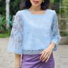ZANZEA Women Summer Round Neck 3/4 Sleeve Hollow Lace Patchwork Blouse
