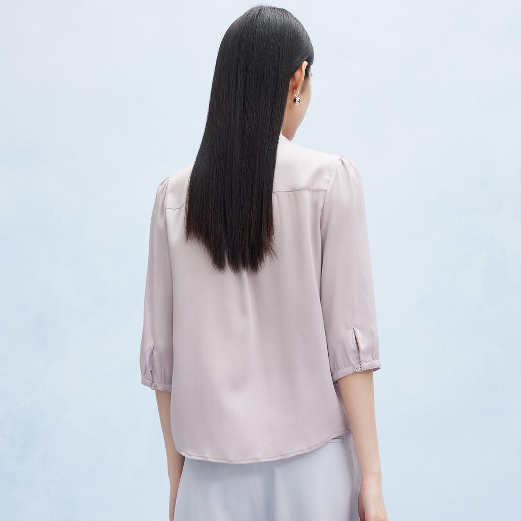 Spring and Summer New Style with Mushroom Edge Design Commuting Mulberry Silk Five Sleeve Shirt for Women