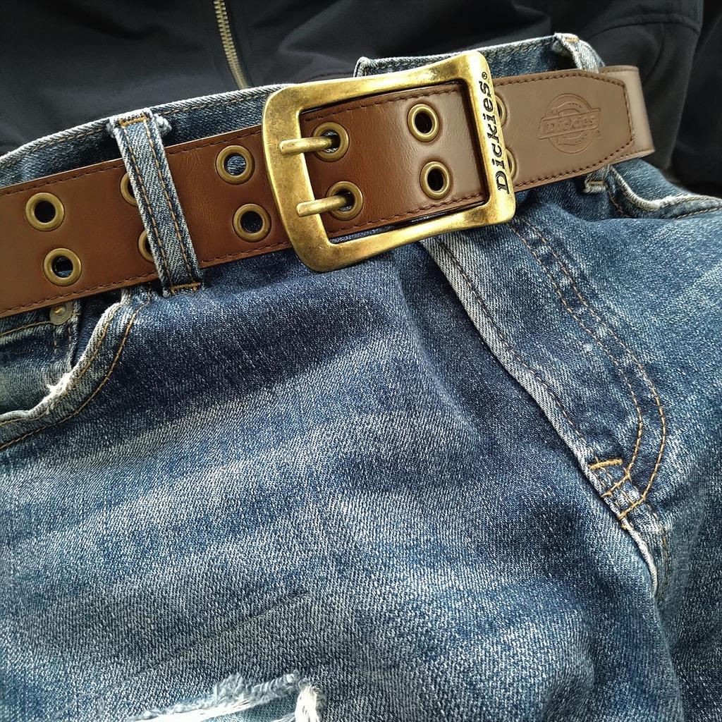 New Color 40mm Eyelet Double Pin PU Leather Belt Brown X Vintage Free Size [Dickies] (dark Gold)