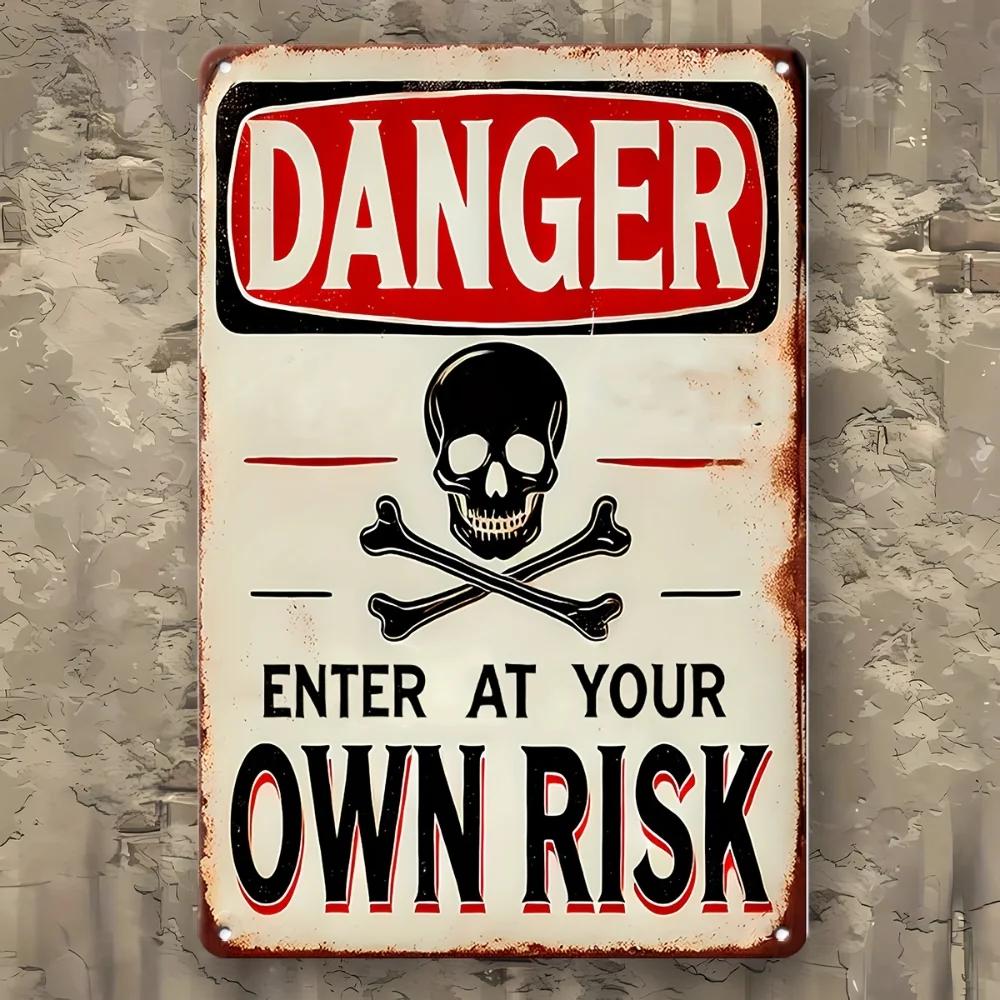 

RusticRisk Vintage Iron Wall Sign - ENTER AT YOUR OWN RISK with Skulls, Dramatic Decor for Bar, Patio & Themed Rooms 20x30cm（7.8x11.8inch）