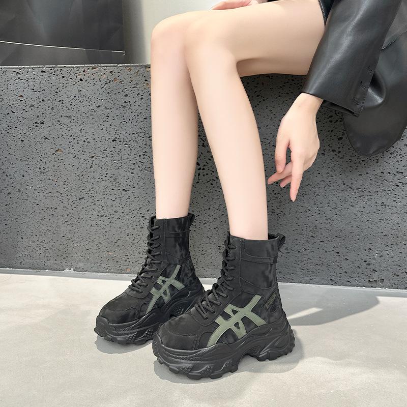 Inner height increase 2025 autumn and winter platform cowhide high-top shoes fleece thickened dad shoes women's versatile sports and leisure shoes