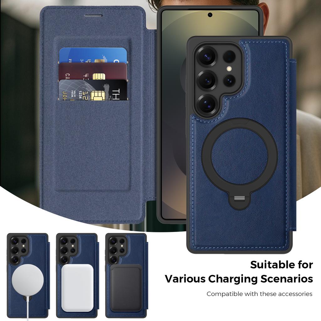 For Samsung Galaxy S25 Ultra Magnetic Case RFID Blocking Leather Wallet Cover with Rotating Ring Kickstand
