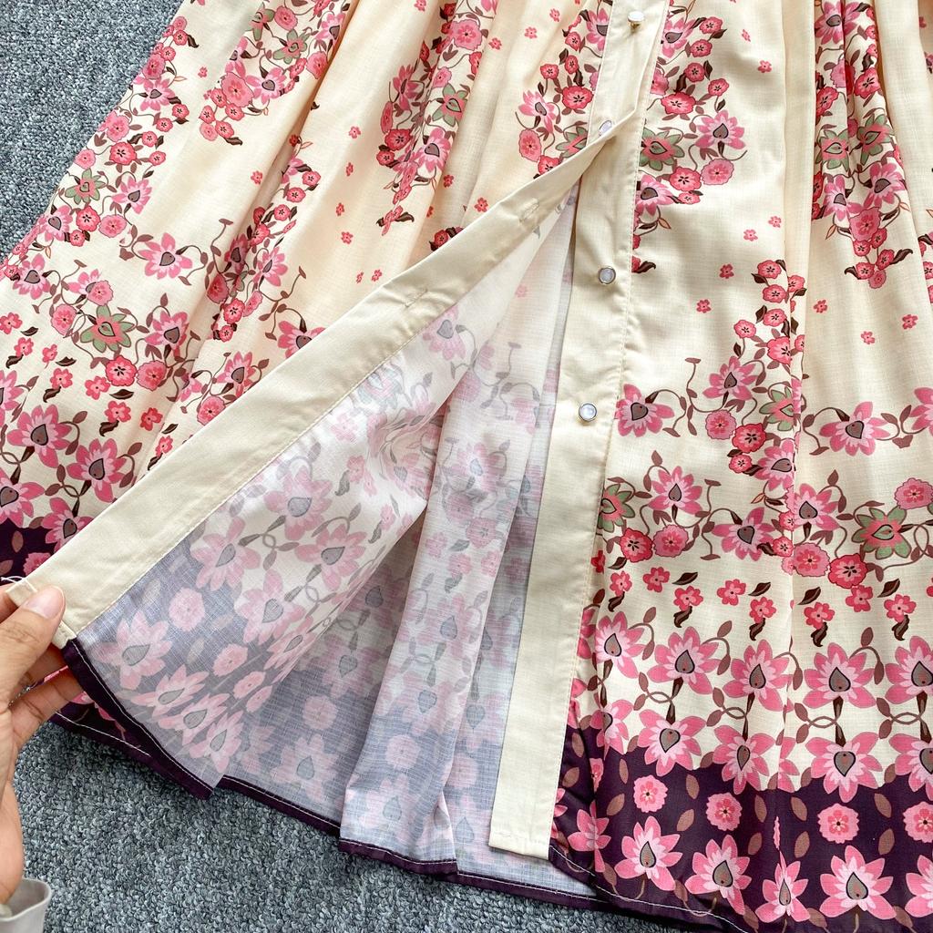 Spring Autumn Women Lantern Sleeve Print Single Breasted Loose Holiday Beach Party Long Maxi Dresses with Belt