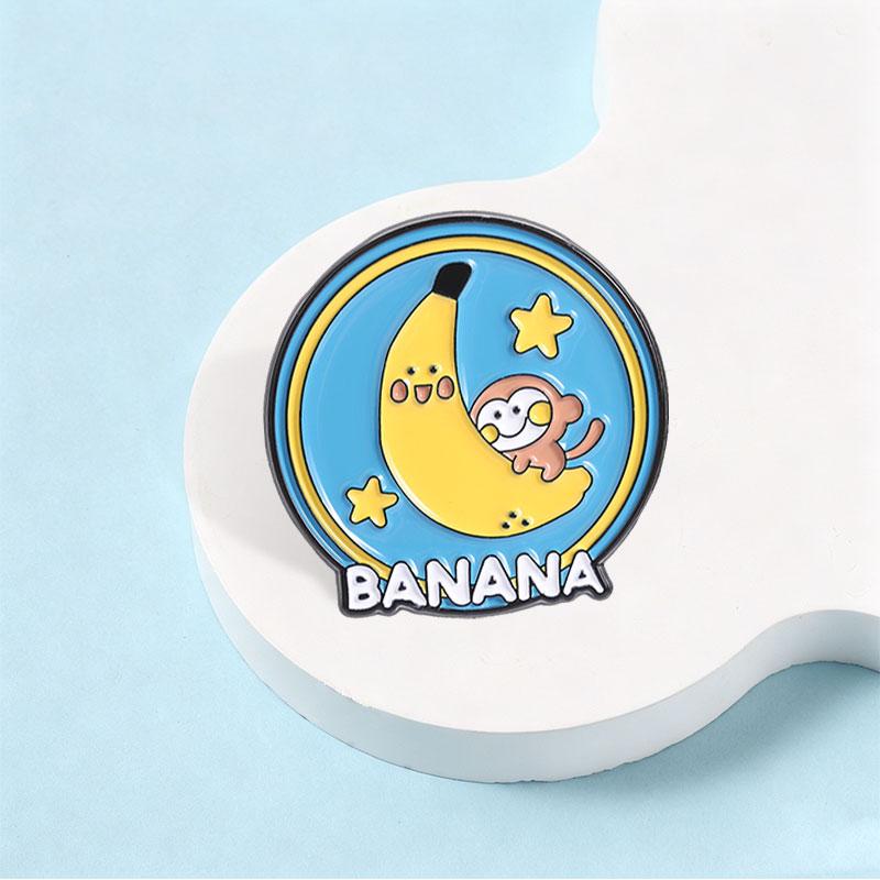 Cute Banana Moon Star Enamel Pin Lazy Monkey Lying On Banana Cartoon Animal Brooches Lapel Badges Jewelry Gift For Kids Friends