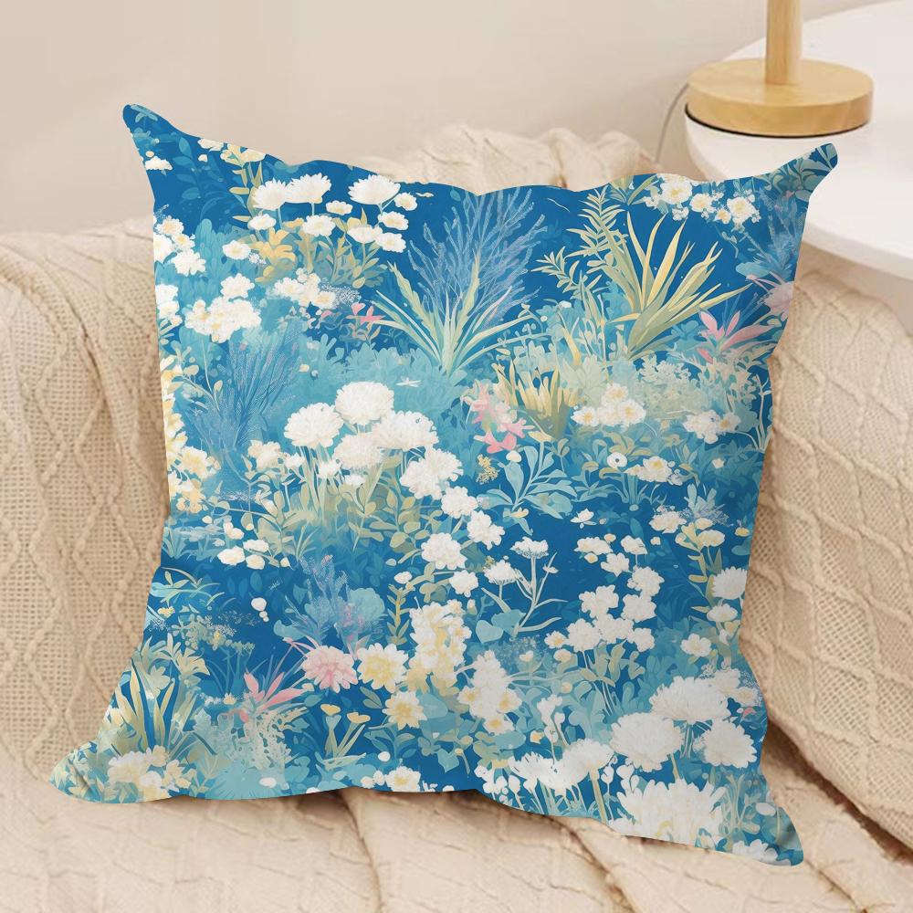 Classic Flowers Pattern Blue Cushion Cover Short Plush Doublesided Print Square Throw Pillow Covers Sofa Home Cushion Decor