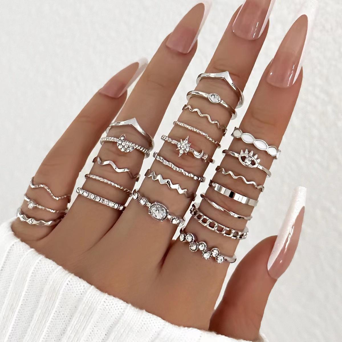 

23PCS Fashion Luxury Shiny Zircon Wave Multi-Element Design Women s Ring Set, Suitable or Women s Daily Wear Rings 9