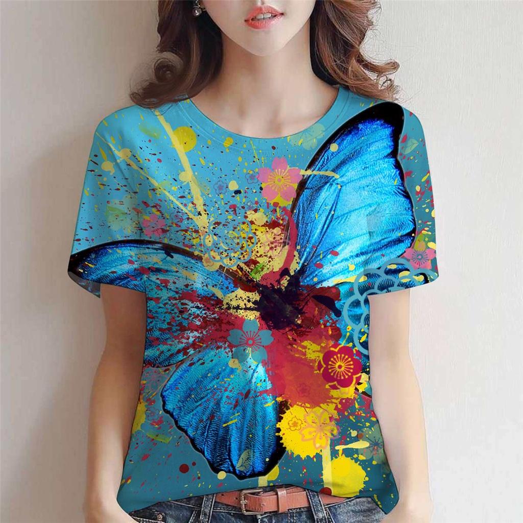 

Summer women s T-shirt 3D butterfly print round neck short sleeved shirt fashionable plus size women s T-shirt 6XL