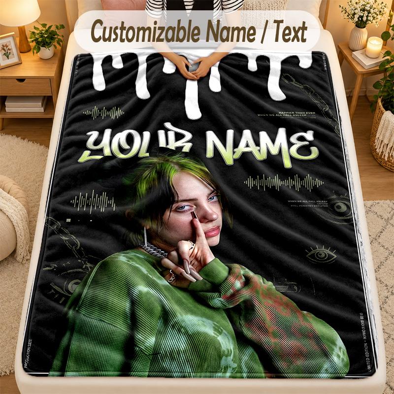 Flannel BlanketBillie Eilish Custom Name Text Personalized Soft Warm Throw Blanket Home Decor Gift