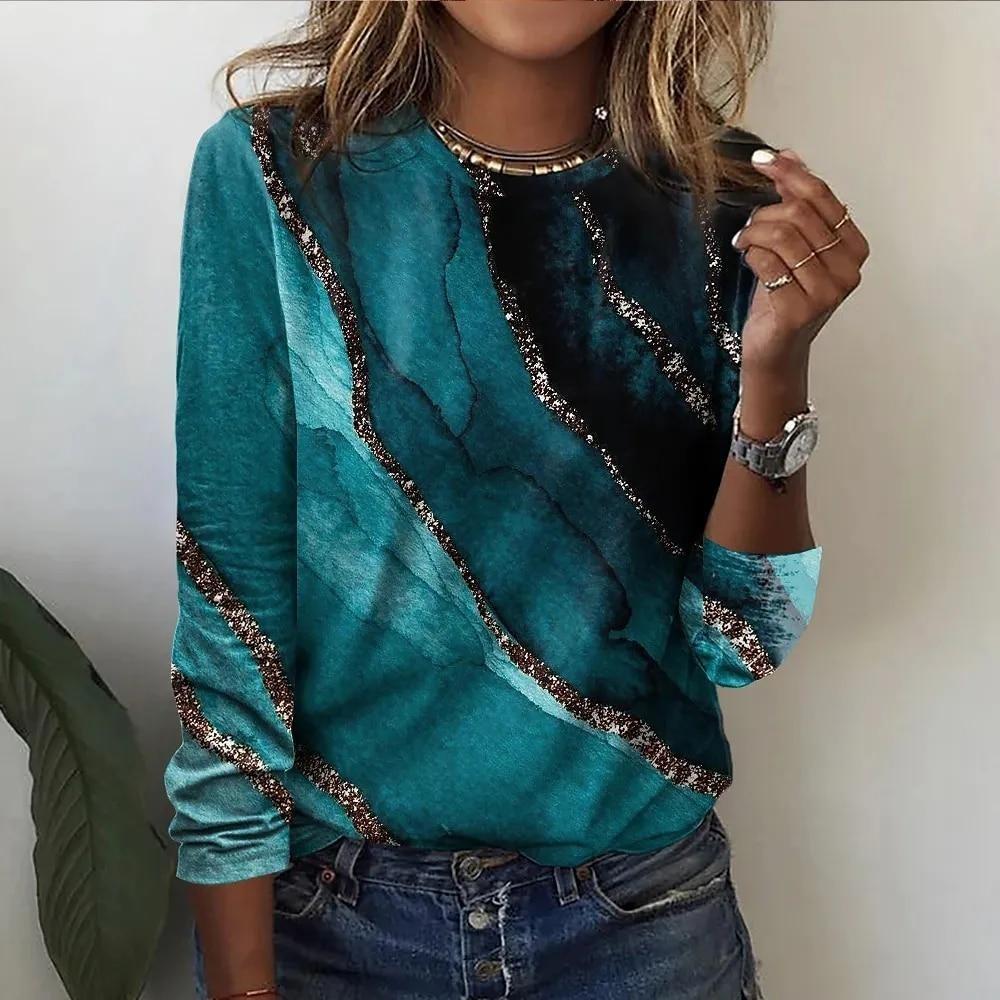 Ladies' Autumn and Winter Casual Marble Pattern Round Neck Long Sleeved T-shirt Base Top Women's Clothing