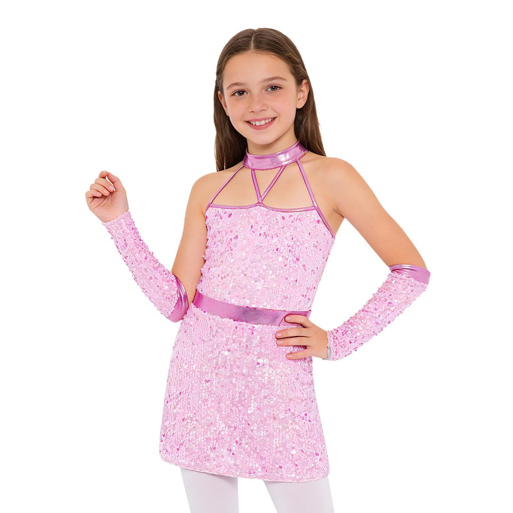 Kids Girls Jazz Dance Halter Dress Sleeveless Strappy Back Invisible Zipper Sparkling Sequins with 1 Pair Gloves for Stage Performance