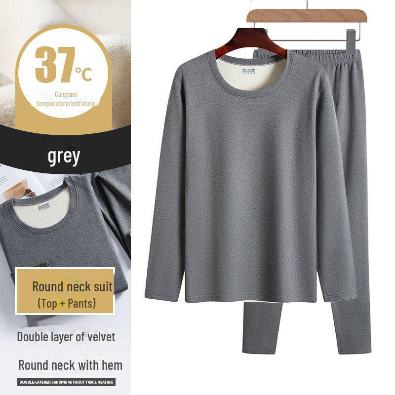 Men's Two-Color German Velvet Warm Suit: No-Pill V-Neck/Round Neck Top & Bottom Set for Autumn/Winter.