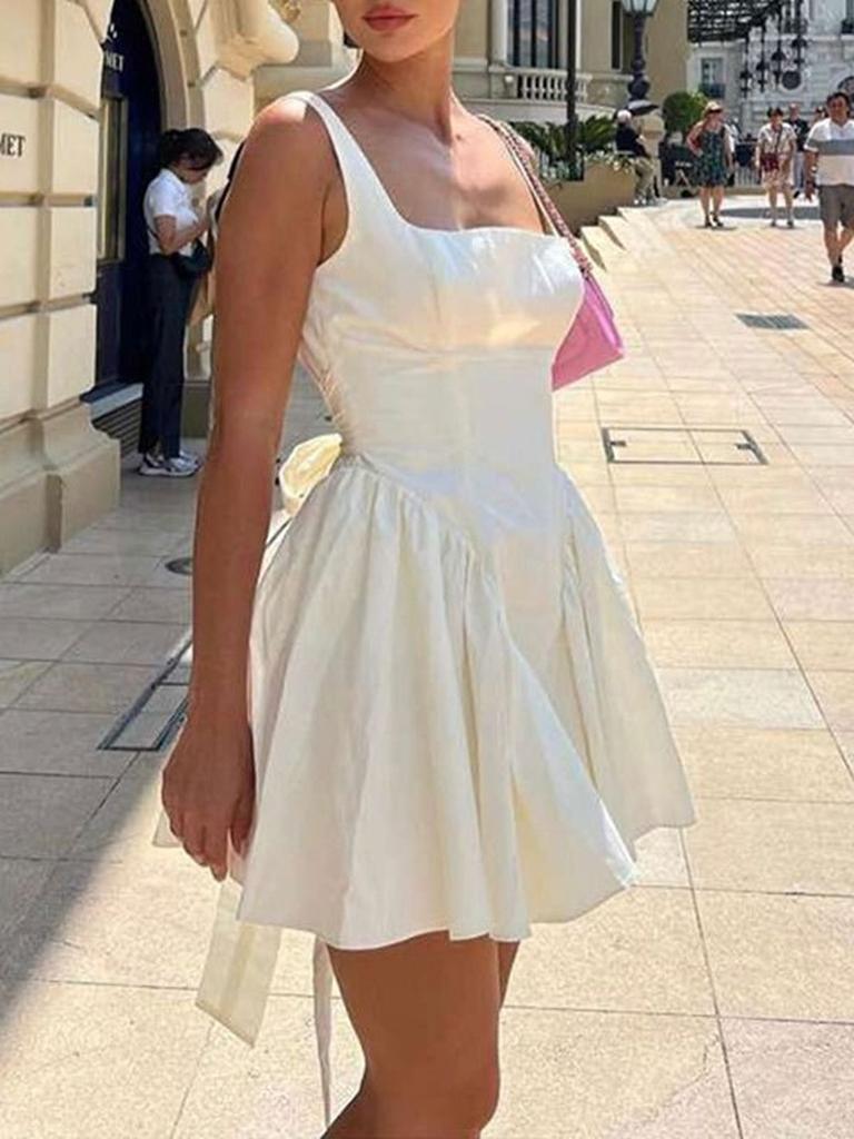 Spring Imported Women's Fashion Pure Color Backless Tie-Belt Bow Tie Strap Dress