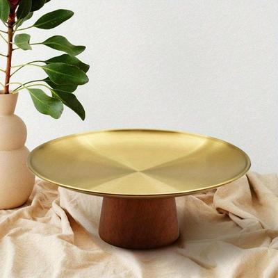 Stainless Steel Cake Tray Wooden Base Cake Pan Heavy Duty Fruit Display Plate Dessert Plate Dining Table Home Decoration