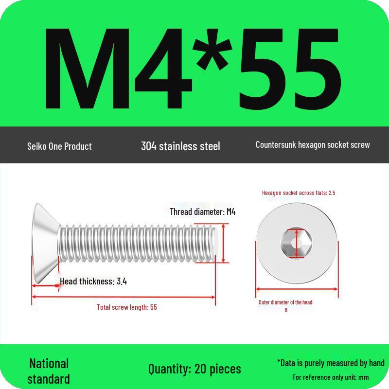 M2-M10 Stainless Steel Flat Head Machine Screws and Bolts Set, Countersunk Hex Socket Cap, 304 Grade.