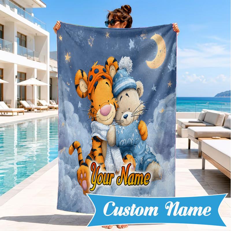 Custom Name Nightly Tiger Hugs Pooh Beach Towel Microfiber Beach Towel, Lightweight and Quick-Dry, for Summer Travel, Swimming Pool Gift
