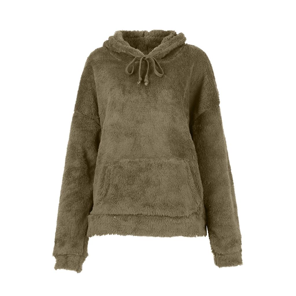 Lässiger Damen-Pullover, warmer Plüsch-Hoodie-Mantel, einfarbig, lockerer Taschenmantel