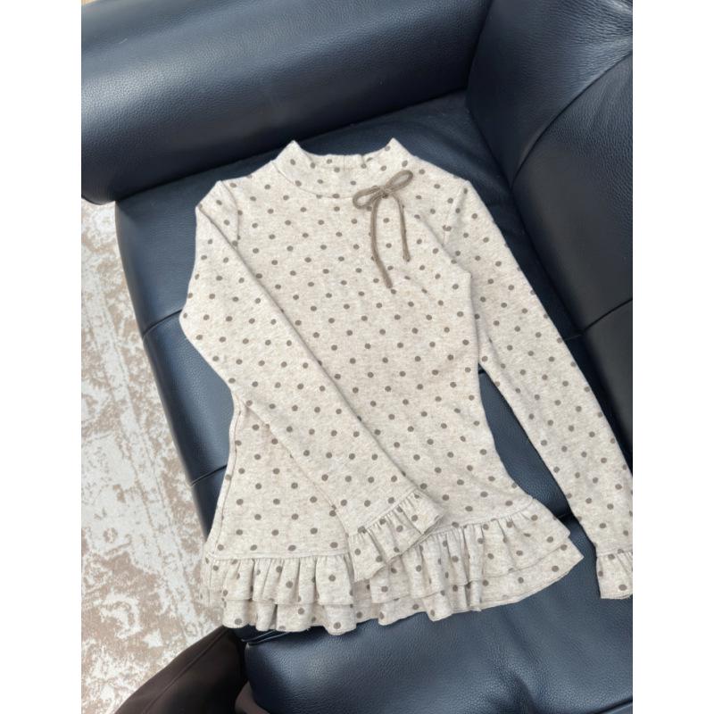 

Korean Polka Dot Long Sleeve Turtleneck Top for Women – Autumn/Winter Slim Fit with Bowknot Large