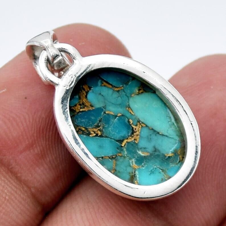 Blå kopparturkos ädelstenshänge, 925 sterlingsilver, Handgjorda smycken, Designhänge, Boho-smycken