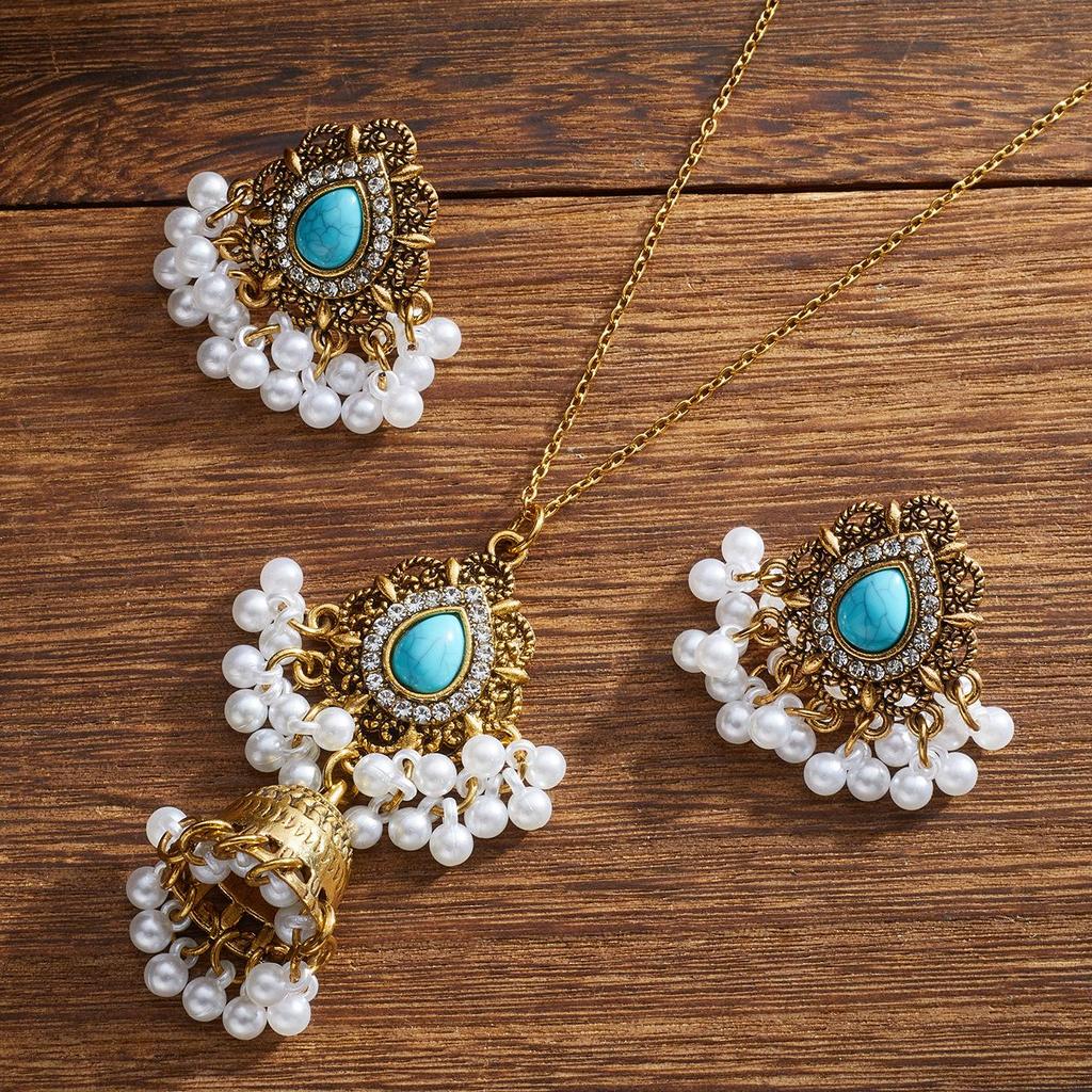 Bohemian Ethnic Rhinestone Bell & Teardrop Necklace with Pendant Earrings