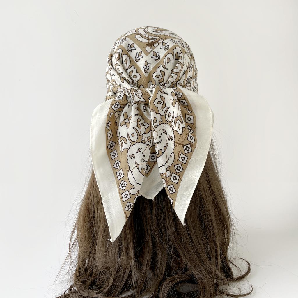 Light Luxury Retro Flower Printing Silk Hair Soft Feel Headscarf Scarf Silk Scarf Spring and Autumn Women Chinese Square Scarf