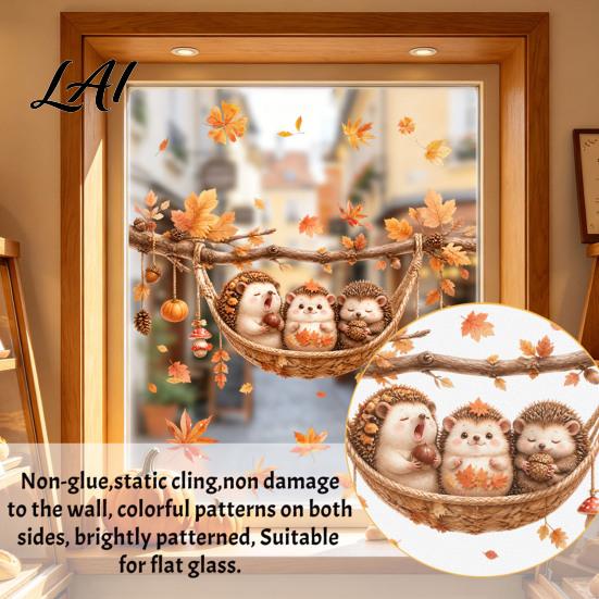 Autumn Window Clings 2Pcs Fall Maple Leaves Animals Static Stickers Squirrel/Hedgehog/Rabbit/Raccoon Glass Home Ornament PVC Waterproof for