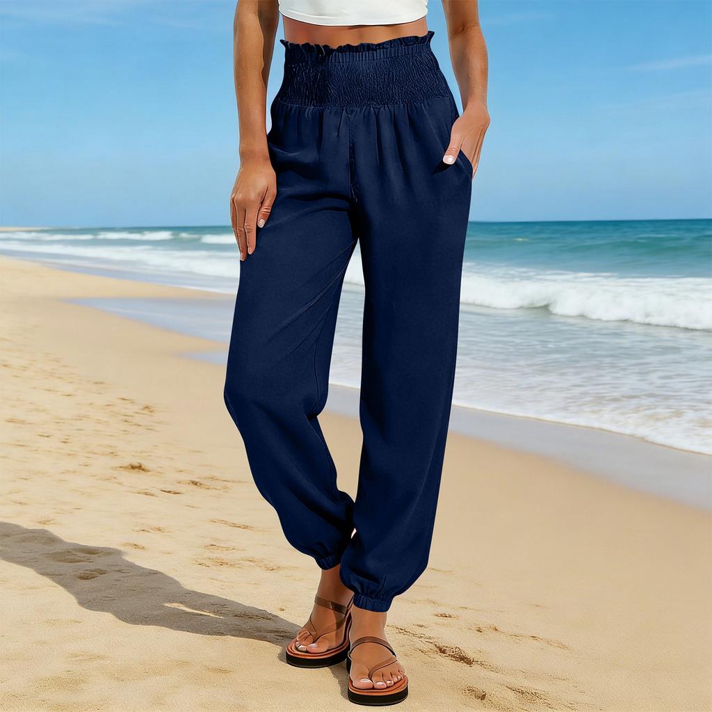Women's Fashion Color Elastic Waist Pocket Loose Leg Tight Casual Pants