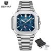BENYAR 5221 New Square Moon Phase Watch: Classic Luxury Men's Quartz Watch with Sapphire Crystal and Stainless Steel Strap