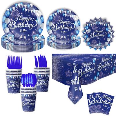 Blue Balloon Birthday Disposable Tableware Set Tablecloth Blue Champagne Balloon Plates Napkins Happy Birthday Party Supplies
