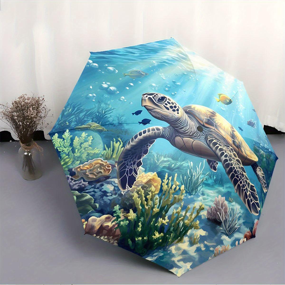Folding umbrella Sea Turtle Swimming in a Vibrant Coral Reef Creative portable folding umbrella, suitable for all holiday