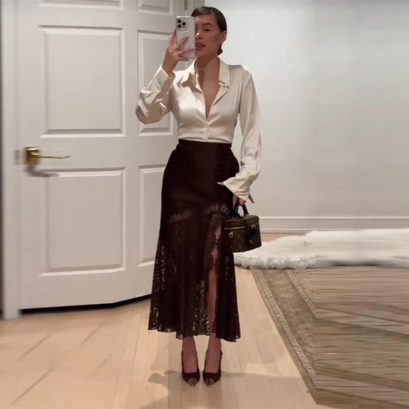 Женская атласная кружевная юбка со разрезом Весна 2026 - Сексуальная и модная длинная юбка L