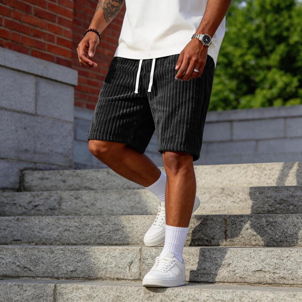 Mode Casual pour Hommes -Shorts en Velours Côtelé de Couleur Avec Broderie-, Shorts à Taille Élastique à Cordon de Serrage