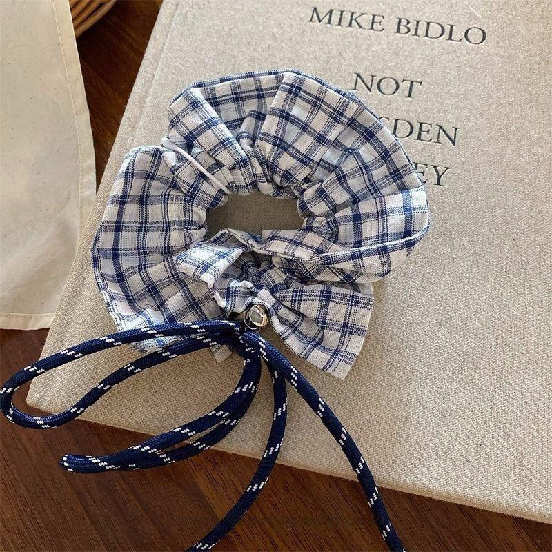 Роскошная корейская синяя клетчатая резинка-скранчи с регулируемой завязкой