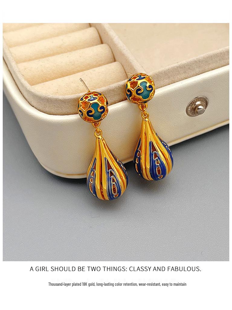 High-End Chinese Water Drop Enamel Earrings - Luxurious Long Silver Needle, Trendy Ancient Style for Women