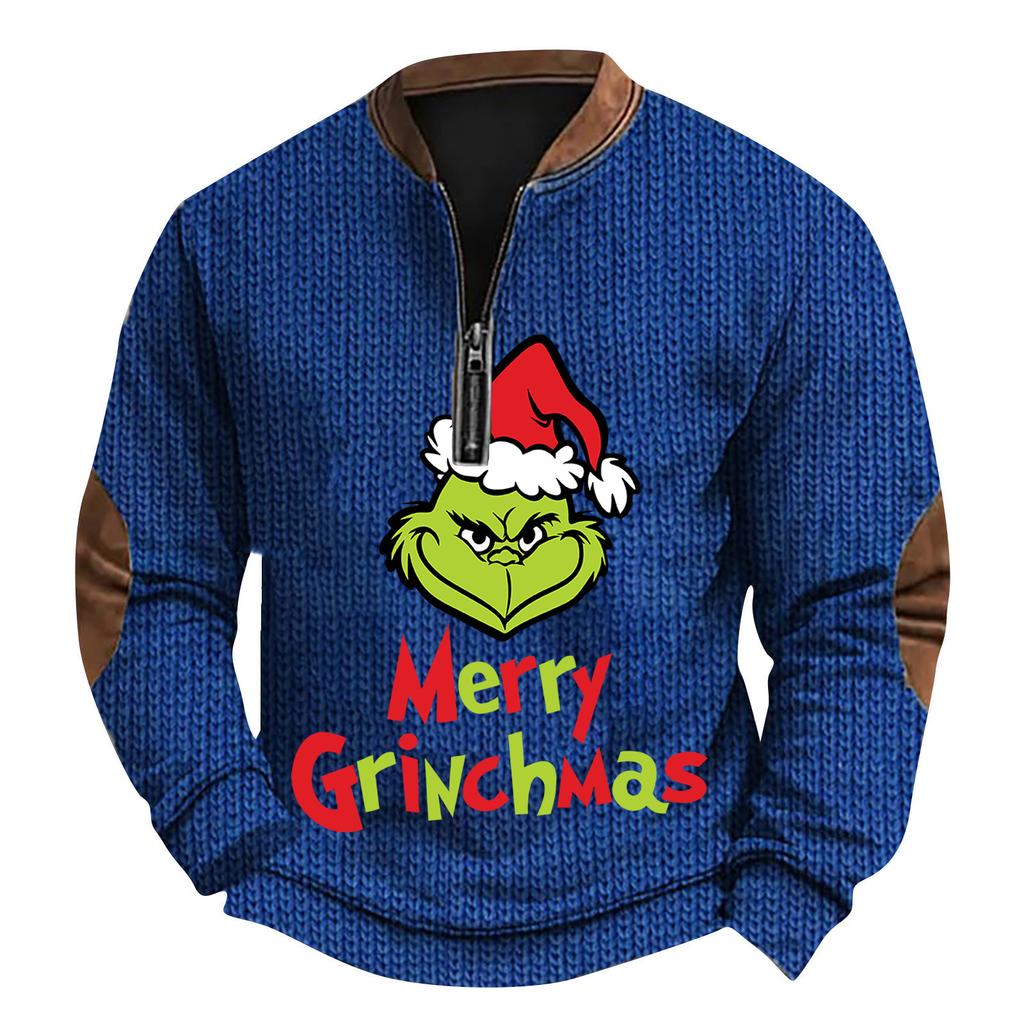 Mens Christmas Sweater Zip Up Sweatshirts Vintage Knit Graphic Sweatshirt Xmas Stand Collar Pullover
