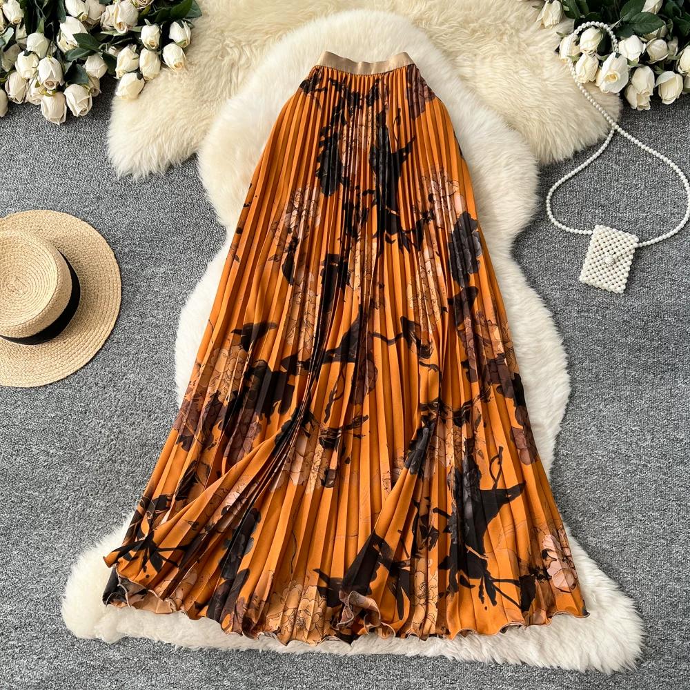 Spring Summer Women Elegant Vintage Print Elastic Waist Long Maxi Pleated Skirt Only Have One Size