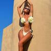 2Pcs/Set Women Bikini Set High Slit Swimming Trunks Adjustable Halter Strap 3D Hand-Sewn Flowers Bikini Bra Set Vacation Party Swimwear
