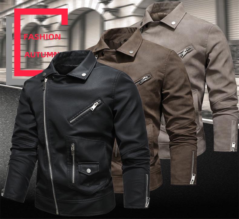 Modna Męska Skórzana Kurtka Motocyklowa w Dużym Rozmiarze z Wieloma Zamkami i Dużym Klapą