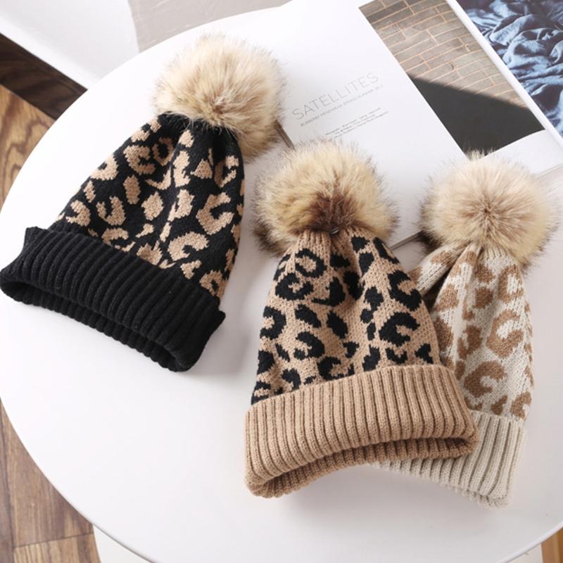 Leopard-print Knitted Wool Cap Soft Stretch Thick Knitted Cap Women Beanie for Cold Weather Winter Warm Accessories