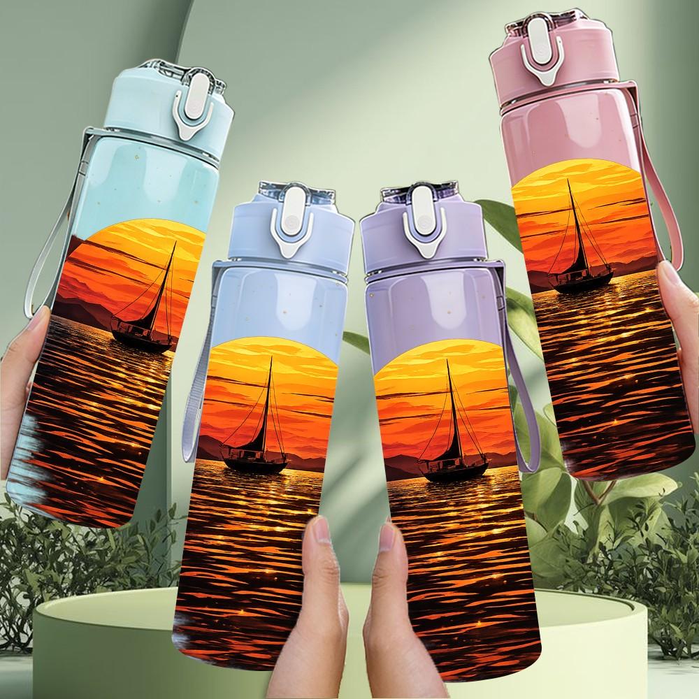 1PC Sunset Ocean Boat Water Scenery Print 750ml Color Plastic Sports Water Bottle Leakproof Flip Straw Lid Suitable for Sports Office Home Use