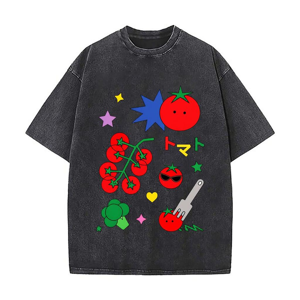 Whimsical Tomato Katakana Stars Sunglasses Fork Graphic Distressed Faded Baggy Streetwear Tops for Park Hangouts