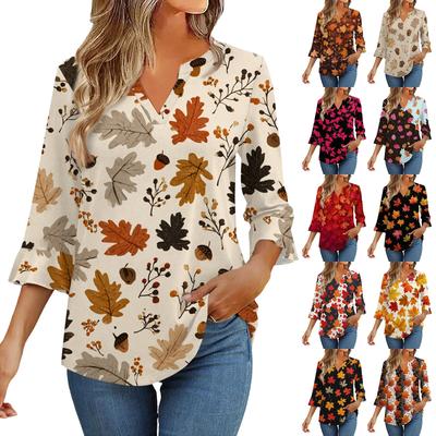 Topuri cu mâneci 3/4 pentru femei Tricou casual cu mâneci clopot Imprimeu Tunică Decolteu în V Pulover Bluză