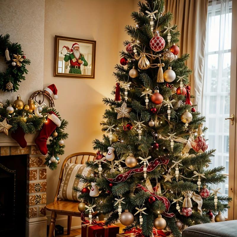 24pcs Bohemian Wooden Bead Christmas Tree Ornaments Natural Wood Beads & Gold Beads Bows Hanging Decor for Wreaths Holiday Trees