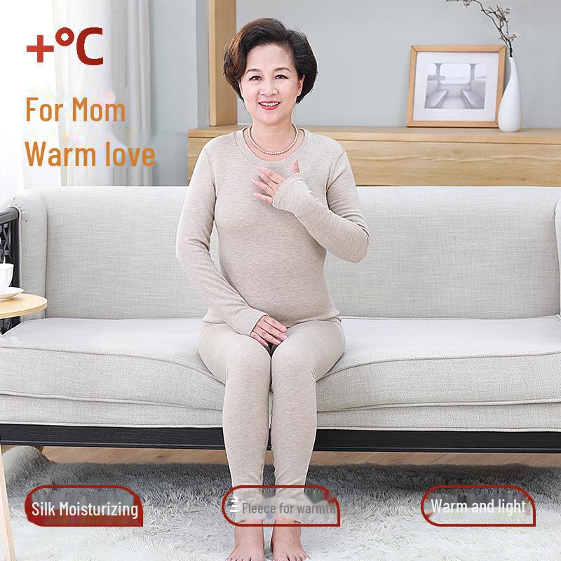 Silk Cashmere Women's Thermal Underwear Set - Round Neck, Suited for Middle-Aged and Elderly