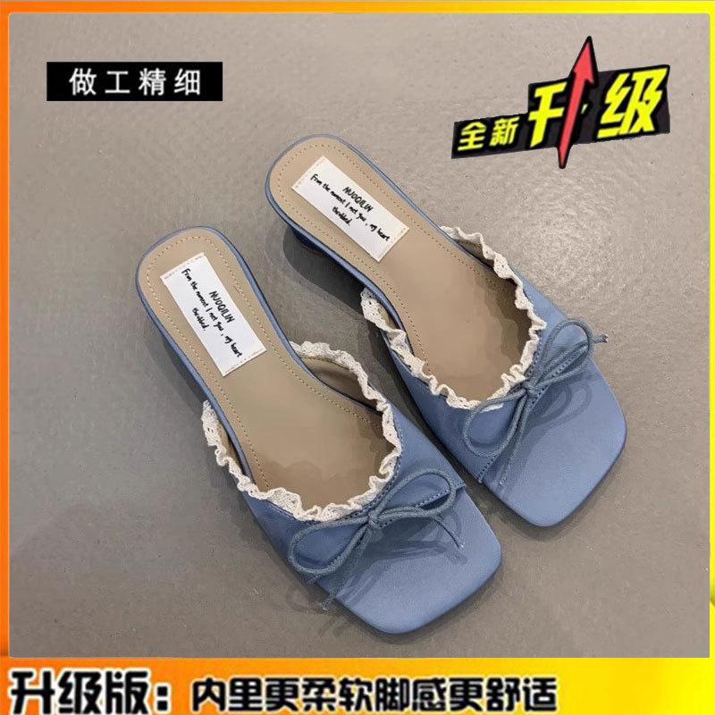 French bow square heel cool slippers women's outer wear 2025 summer new versatile temperament elegant thick heel one-word drag