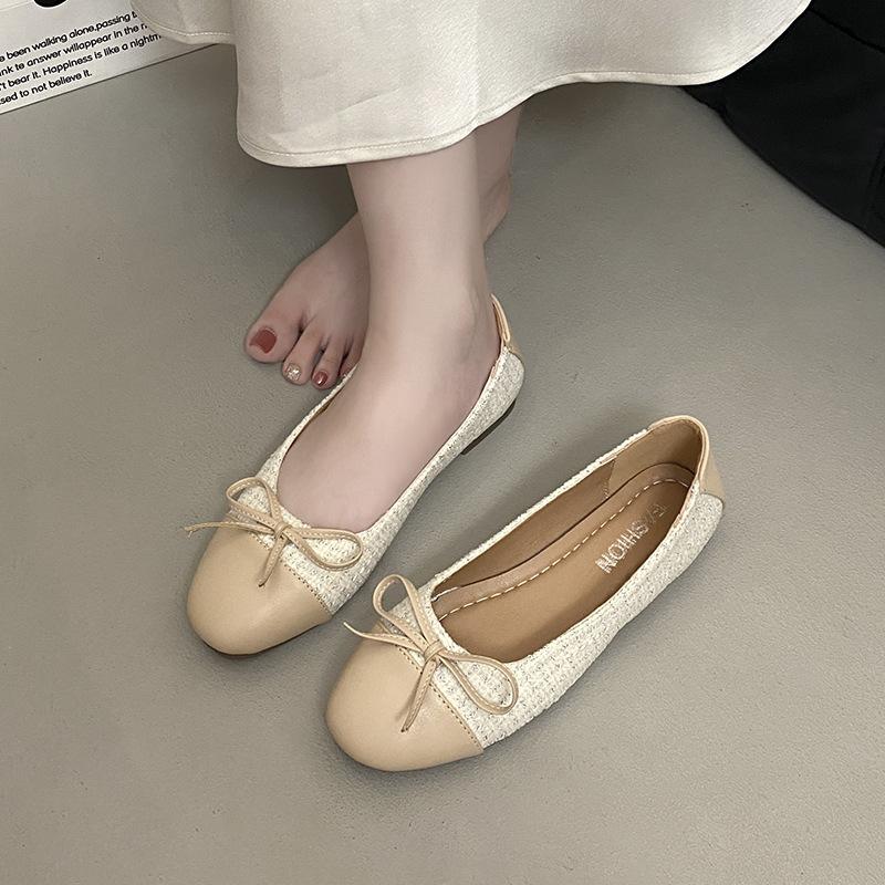 Bow color matching light mouth single shoes women's 2025 new summer round head flat bottom versatile one pedal fairy evening shoes