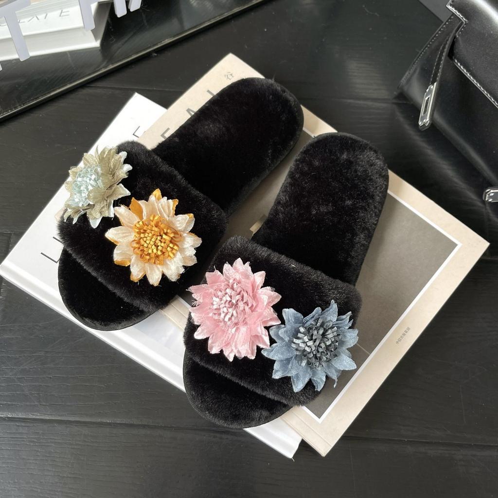 Mao Mao slippers women's home indoor small fragrance flower flat bottom non-slip plush one-word cotton slippers 2025
