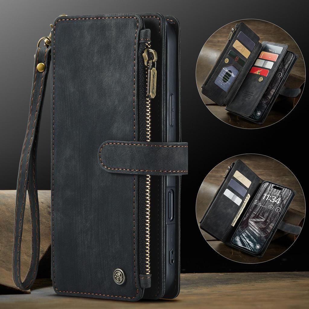 CaseMe-C30 Luksusowe Premium Etui Portfel ze Skóry PU Dla iPhone17 16 15 14 13 Pro Max Wielofunkcyjne Etui z Zamkiem Błyskawicznym na Karty Osłony Ochronne Skórki+Pasek
