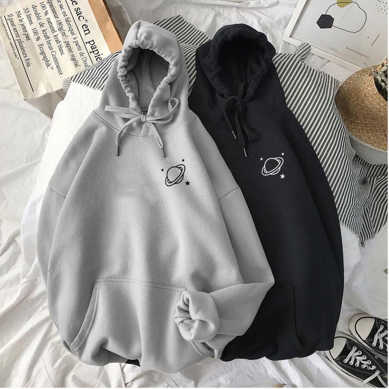 The New 8 Colors Sweatshirts Velvet Winter Women's Cute Saturn Printing Hooded Female 2020 Thicken Warm Hoodies Lady Autumn Tops