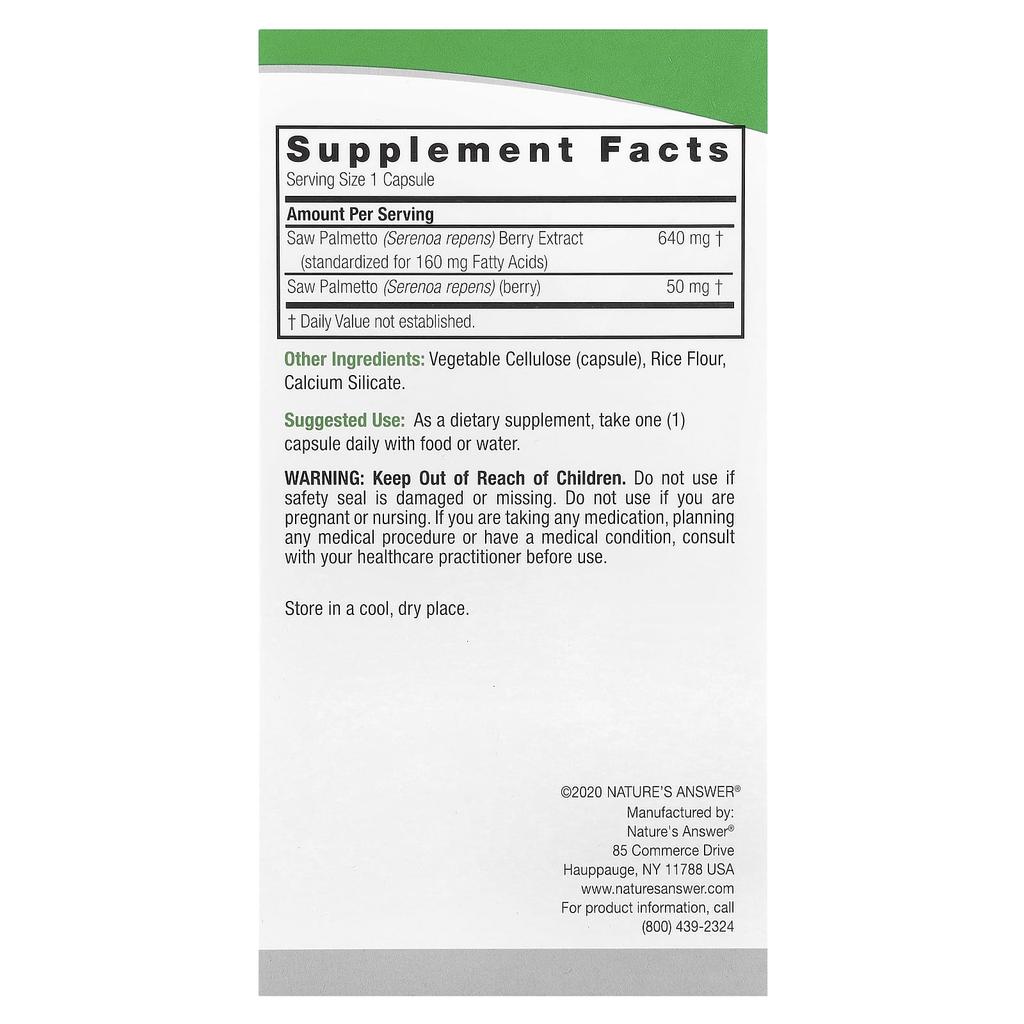 Nature'S Answer, Saw Palmetto, Standardized, 690Mg, 120 Veggie Caps