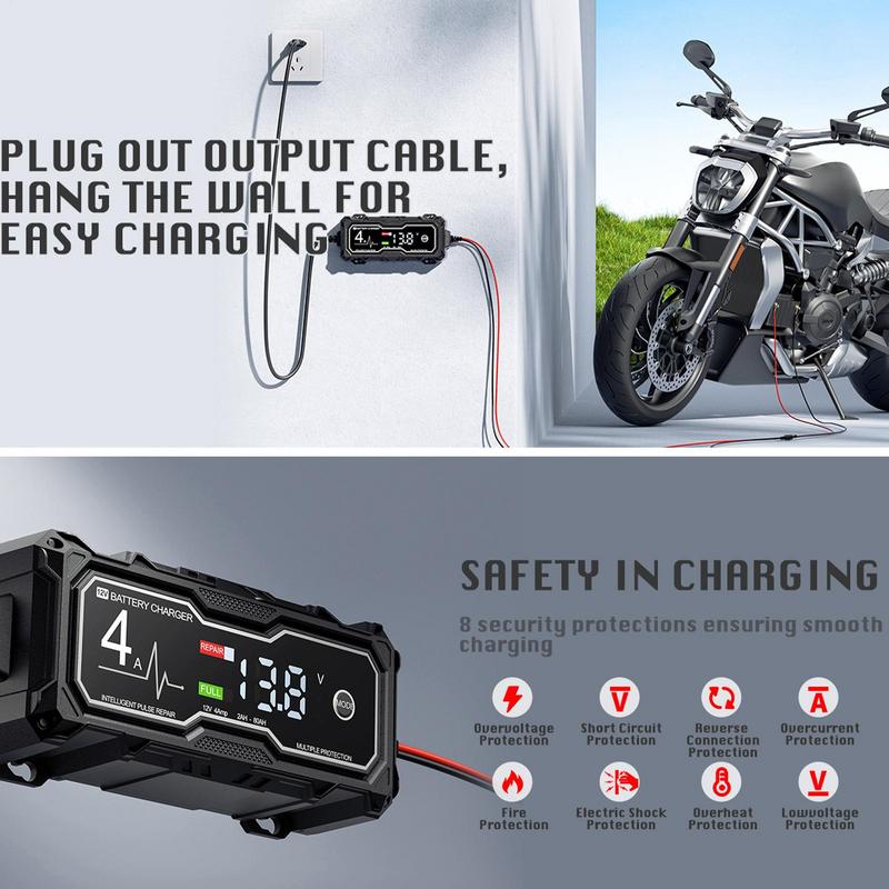 Portable Smart Car Battery Charger 12V 4A Motorcycle Truck Car Battery Fully Auto Repair Maintainer with LED Display